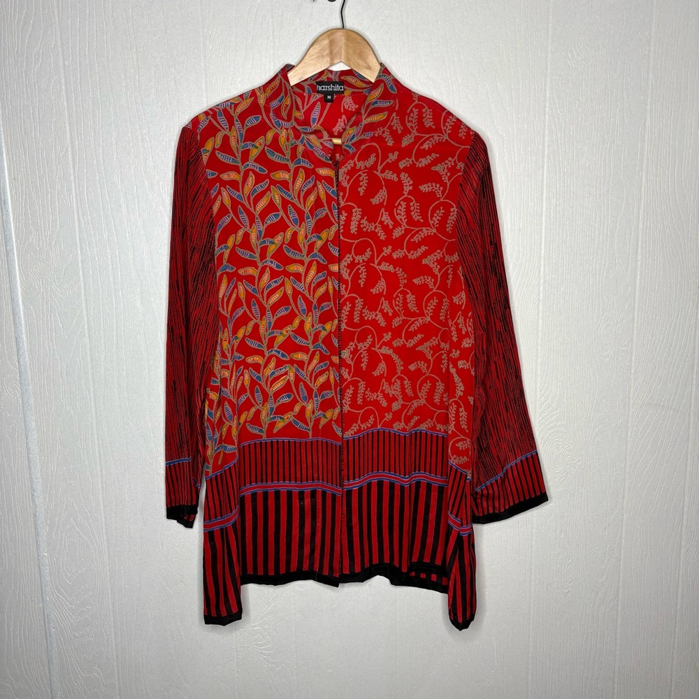 Harshita Red Button Down Silk Patten Blouse Size Medium